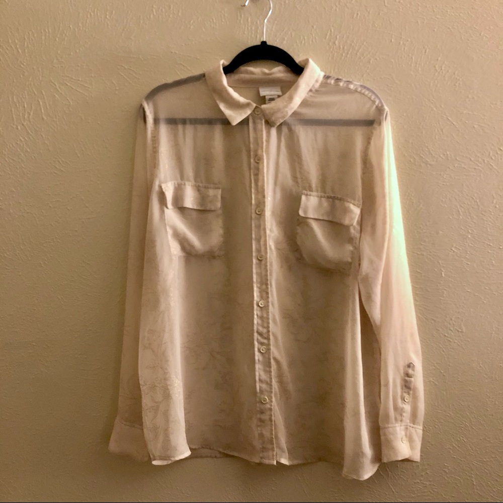 Jaclyn Smith Sheer Ivory Button Up Blouse with Gold Floral Print